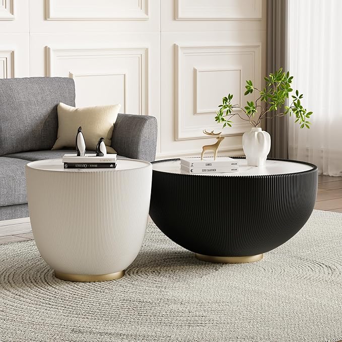 SSLine Bowl-Shape Coffee Table Set of 2 Modern Sintered Stone Top Nesting