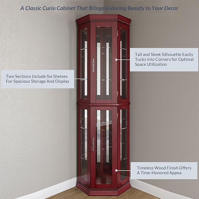 BELLEZE Lighted Wooden Corner Display Curio Cabinet, Two Section Shelving Unit