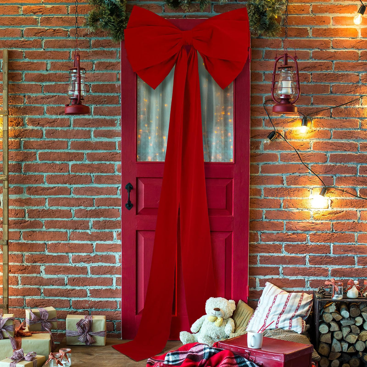 Knitgrip 1 Pack Extra Large Christmas Front Door Bow Decorations 27 x 78 Inch Red Giant Velvet Christmas Tree Topper Bow with Long Streamers Wreath Wall Decor for Home Xmas Room Holiday Porch
