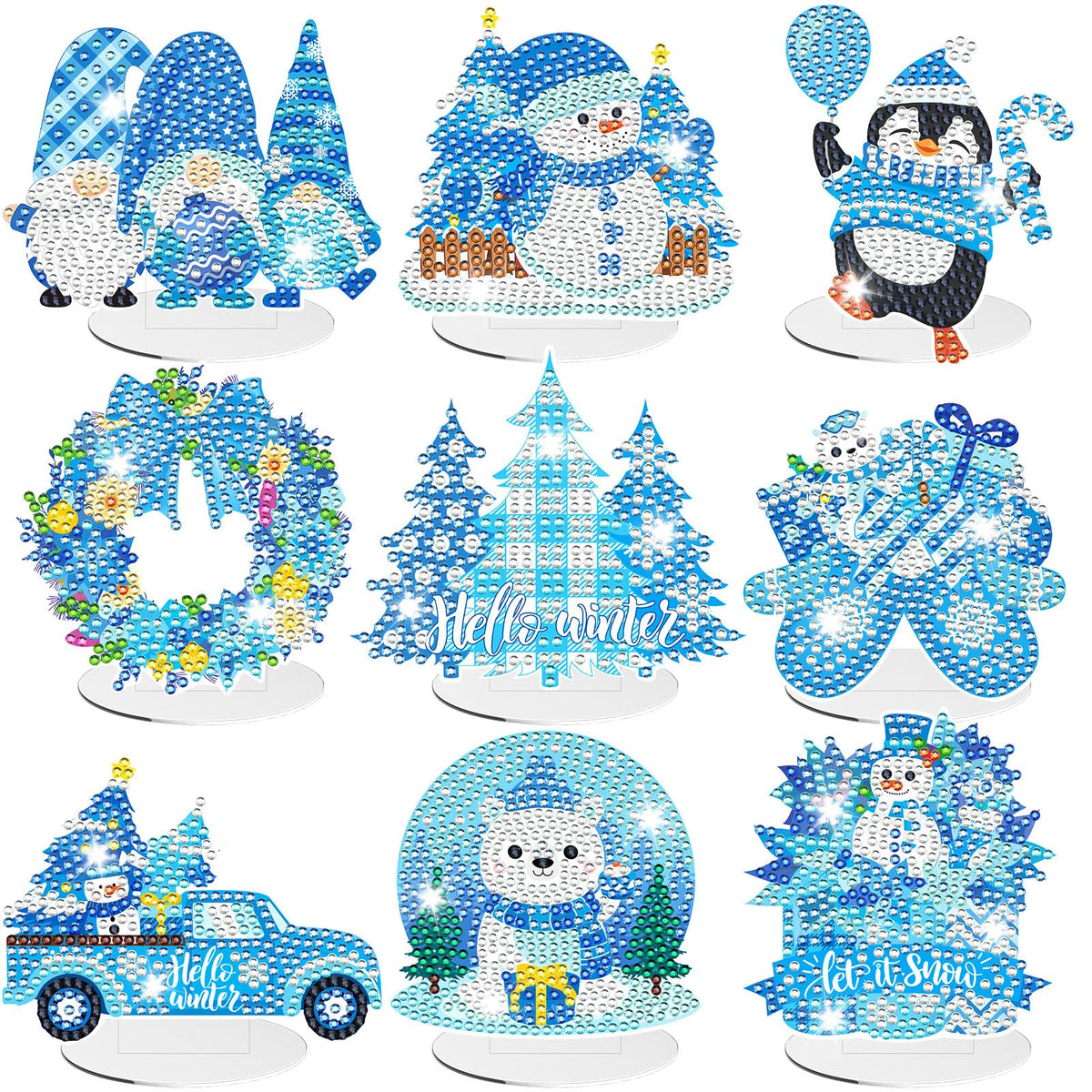 9pcs Winter Diamond Art Tabletop Decoration Winter Diamond Painting Desktop Ornament Christmas Tree Craft Kit Snowman Deer Truck Gnome Xmas Painting Sign Set for DIY Adults Gifts Party Decor