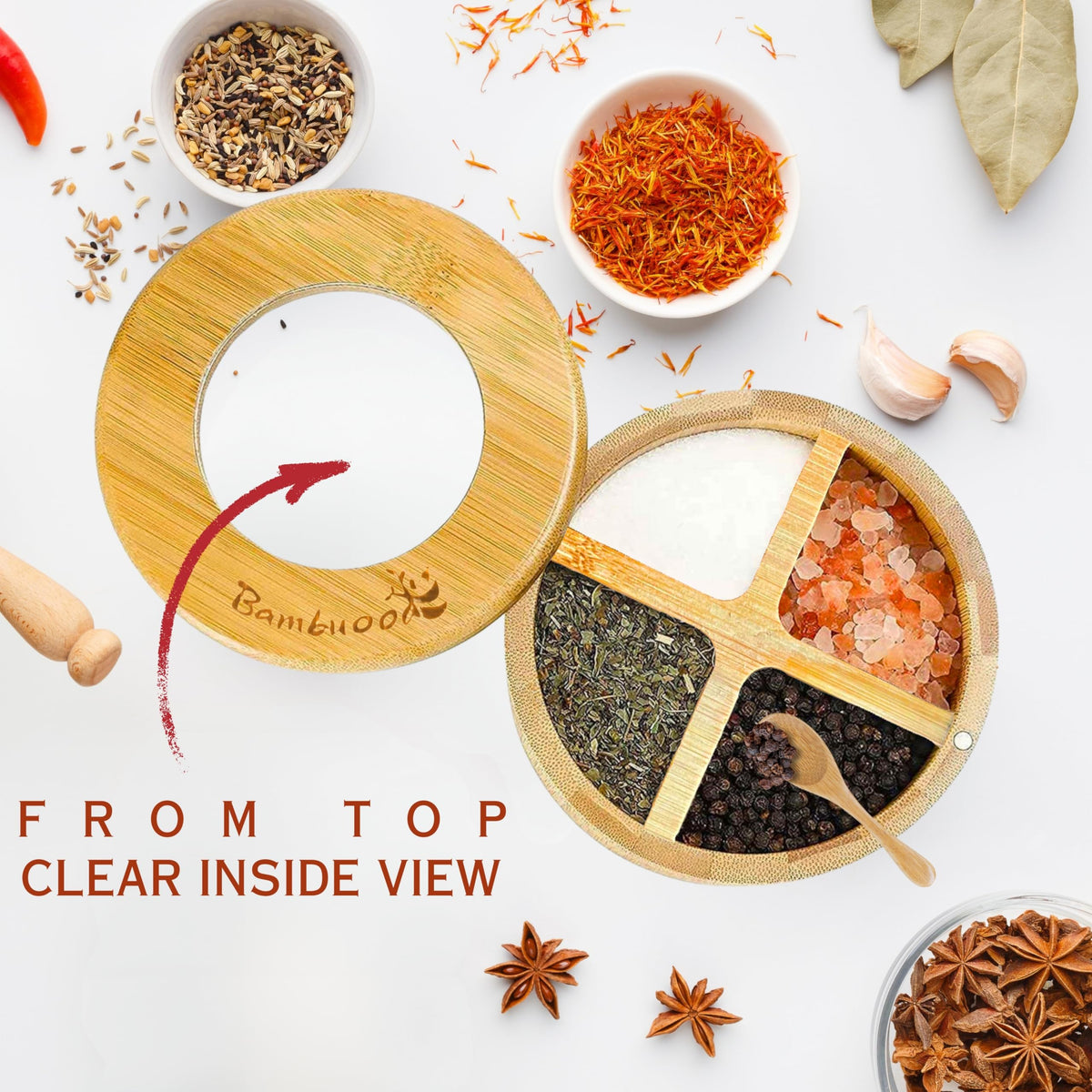 Bambuood Premium 4 Compartments Salt & Spice Cellar with Spoon - Swivel Magnetic Lid for Convenient Seasoning Access - 100% Natural Bamboo - Elegant and Eco-Friendly Kitchen Accessory.