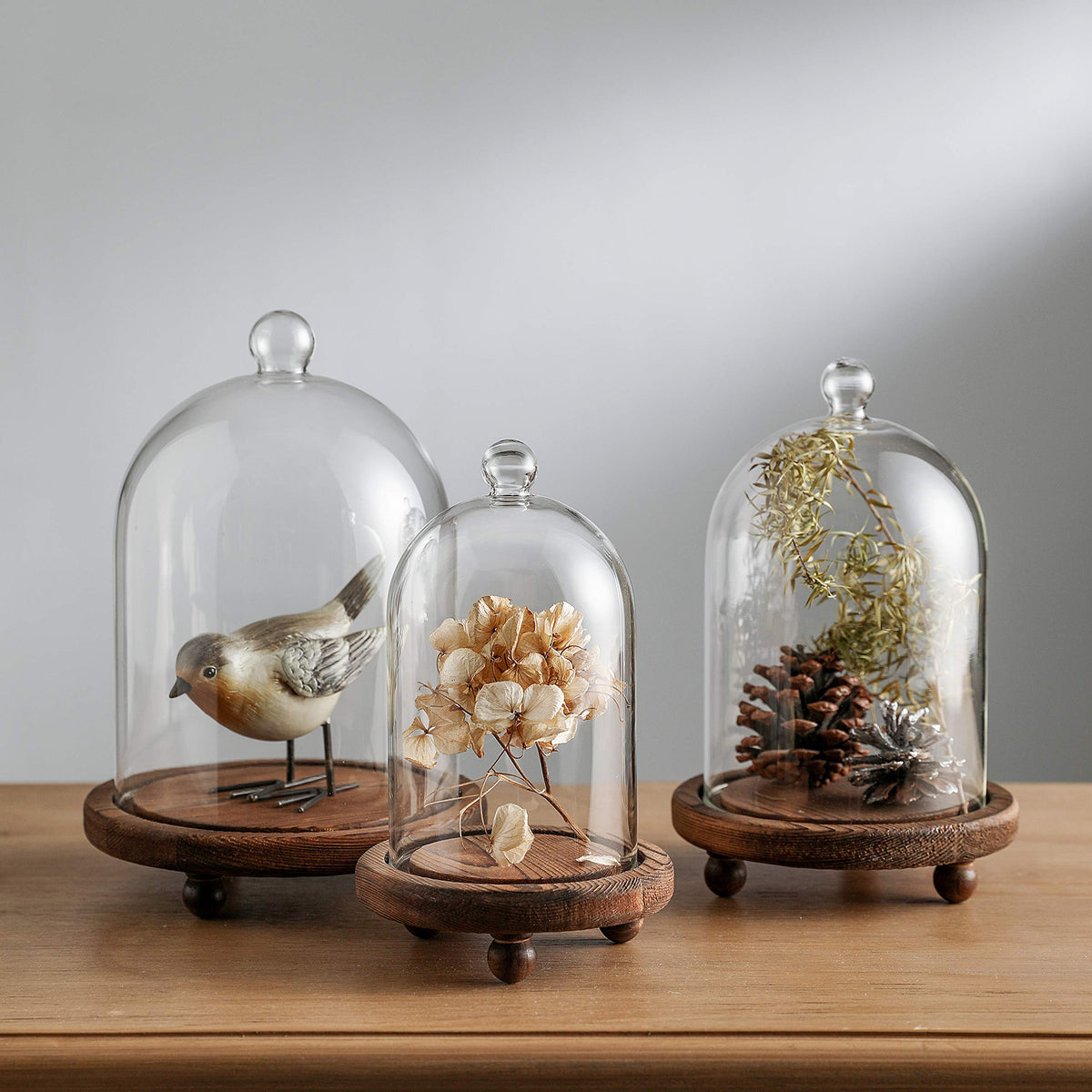 KMwares 3pcs Glass Bell Shape Dome Set (5.7"/4.9"/4.3") | Cloche Display with Wood Base | Empty Domes, Not Included Decorations