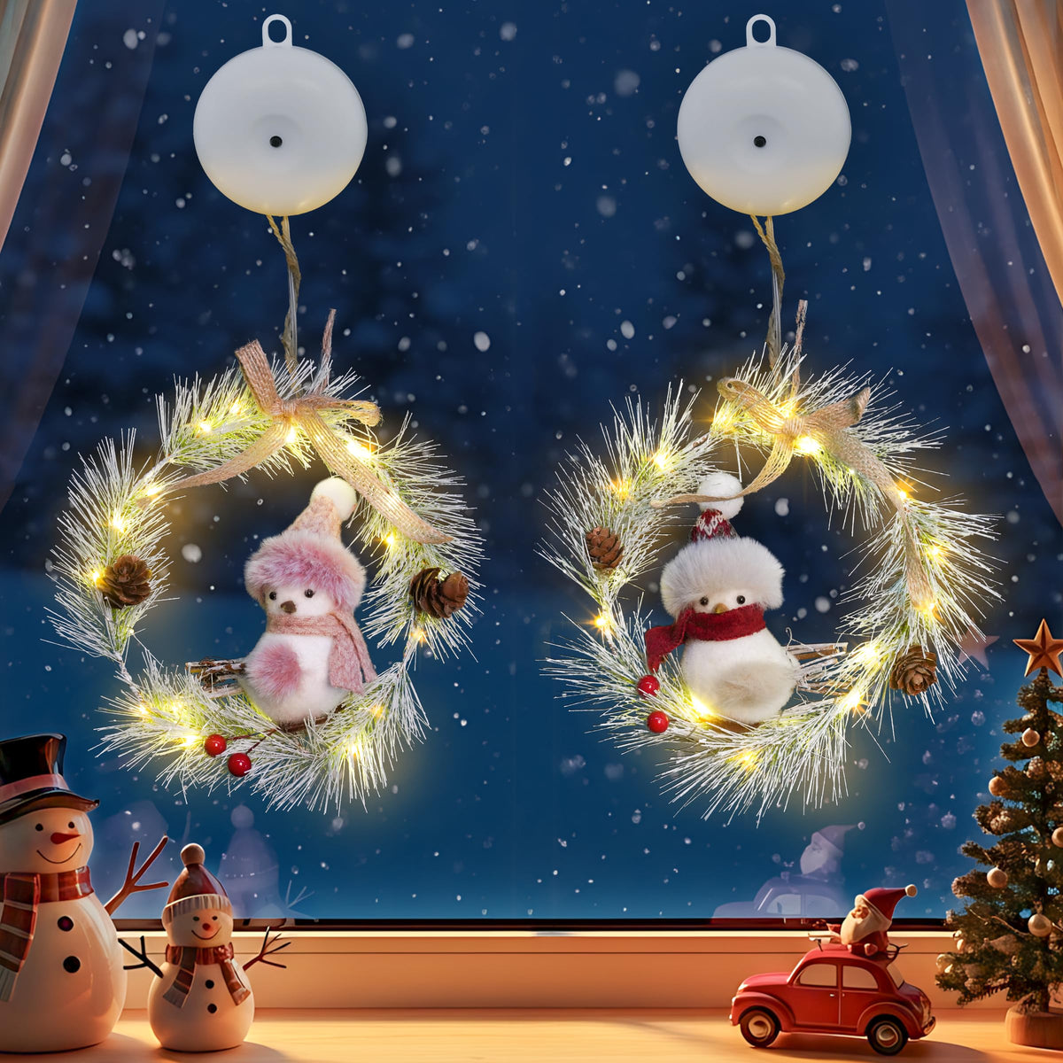 suddus 2 Pack Christmas Window Lights with Suction Cup- Battery Operated Wreath String Lights Indoor with Timer, Christmas Decorations for Home, Window, Door, Wall,Staircase,Gift,Tree Indoor
