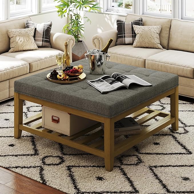 Befurtori Large Square Ottoman Coffee Table, Linen Solid Upholstered Footrest
