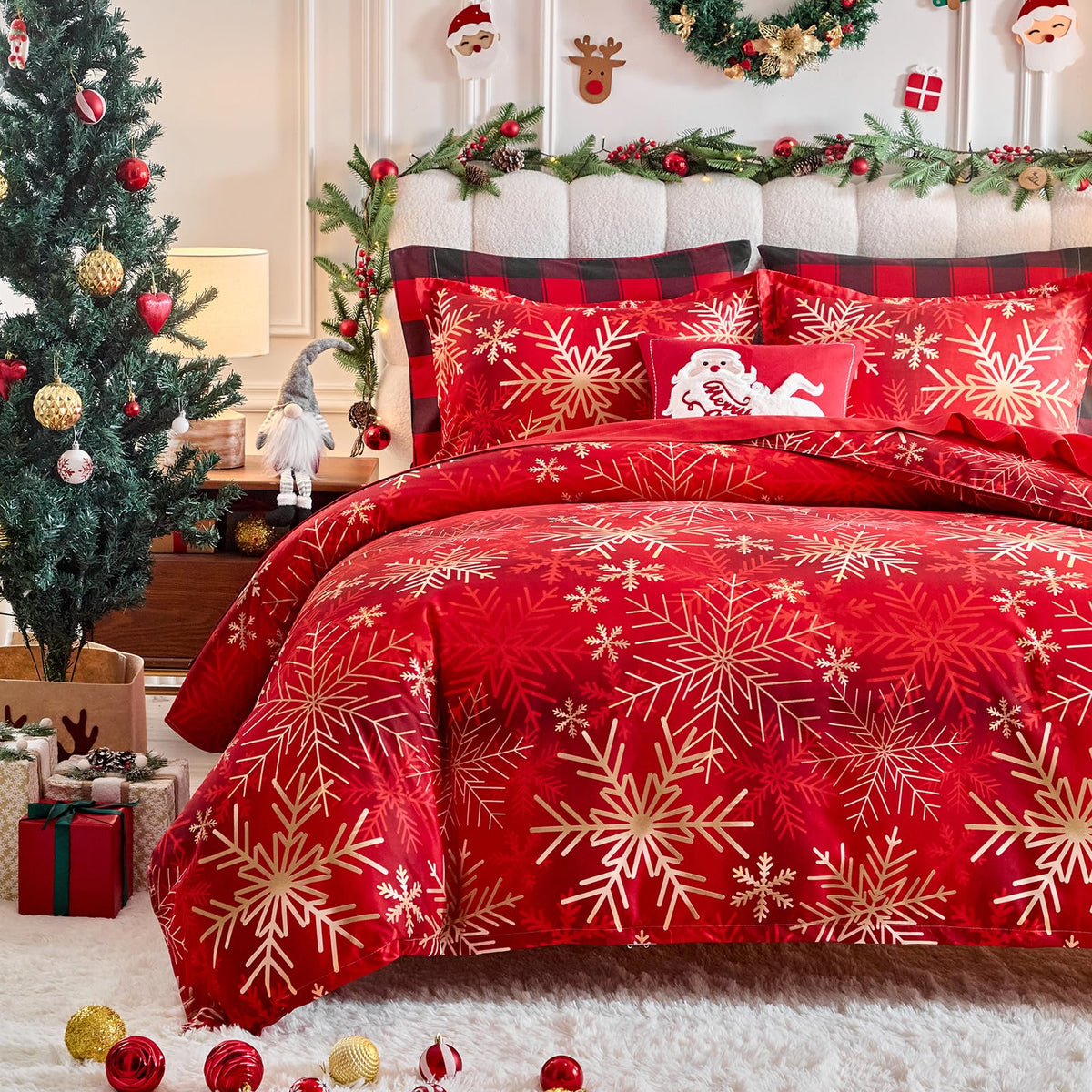 Joyreap 3pcs Christmas Duvet Cover Set King, Xmas Golden Snowflakes Black and Red Tie-dye Design Bedding Set, Includes 1 Duvet Cover and 2 Pillow Shams
