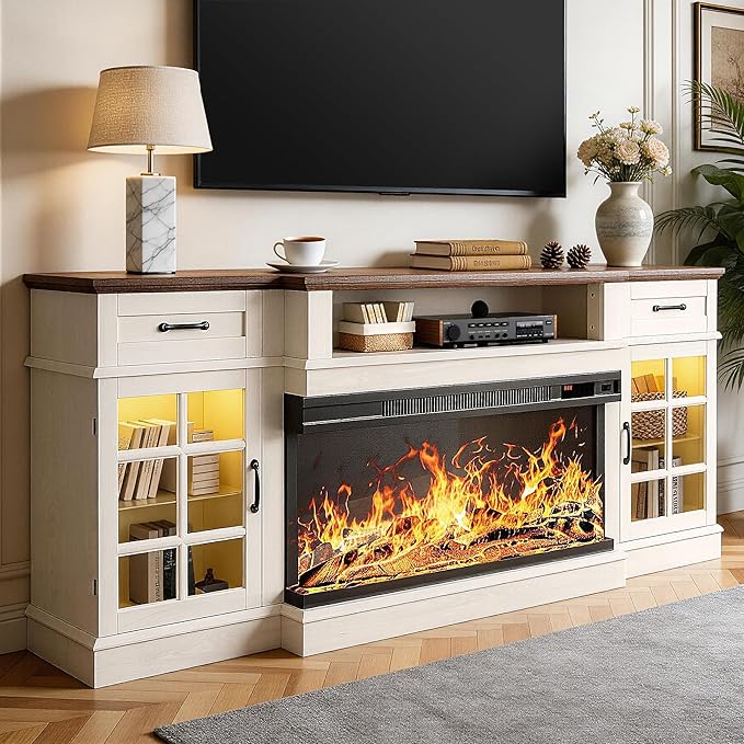 MXV 70" Fireplace TV Stand, 3-Sided Glass Fireplace and Modern Entertainment