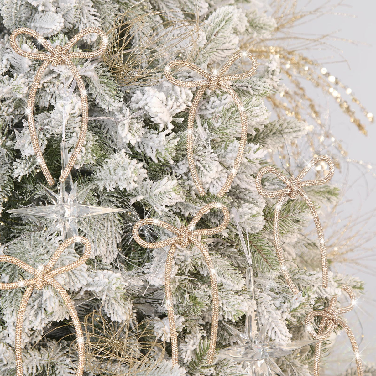 FLAIR GIFTS 12 Pcs 4.3" x 6" 2026 Christmas Bows for Tree Decor, Champagne Gold Sparkly Glitter Rhinestone Bow Ornaments with Twist Tie for Xmas Decoration, Wreath, Garland, Gift Wrapping