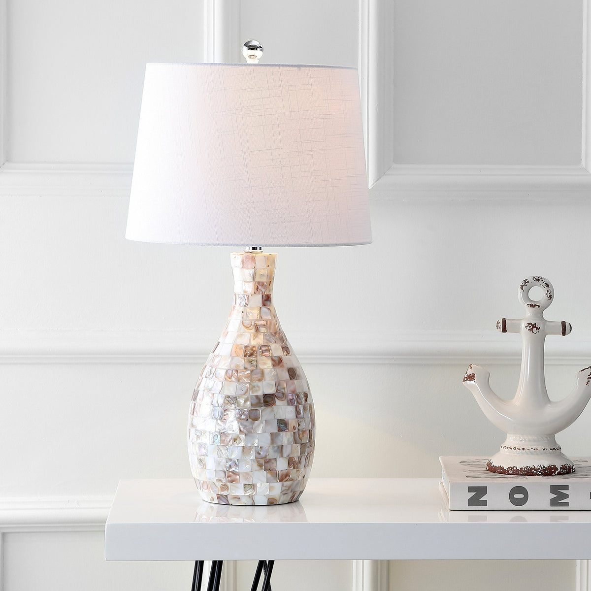 JONATHAN Y 26.5" Ivory Beige Mosaic Seashell LED Table Lamp for Living Room Bedroom Nightstand, Coastal Capiz Shell Base with White Linen Drum Shade, LED Bulb Included JYL1054A