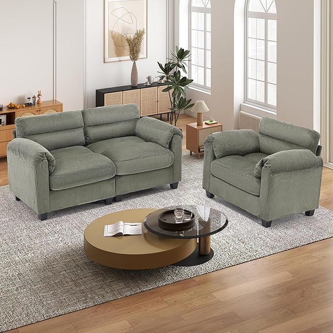 HAOMARKETS Corduroy Sofa Set, Upholstered Armchair and Loveseat