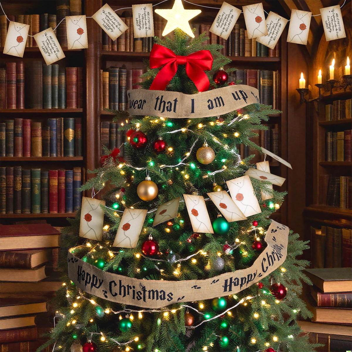 Mizelu 2 Set 62''x 4'' Christmas Tree Burlap Ribbon Garland, Wizard Burlap Ribbon Tree Decoration with 2 String Letter Cards, Xmas Rustic Burlaps Ribbons Decor for Christmas Hanging Home DIY Craft