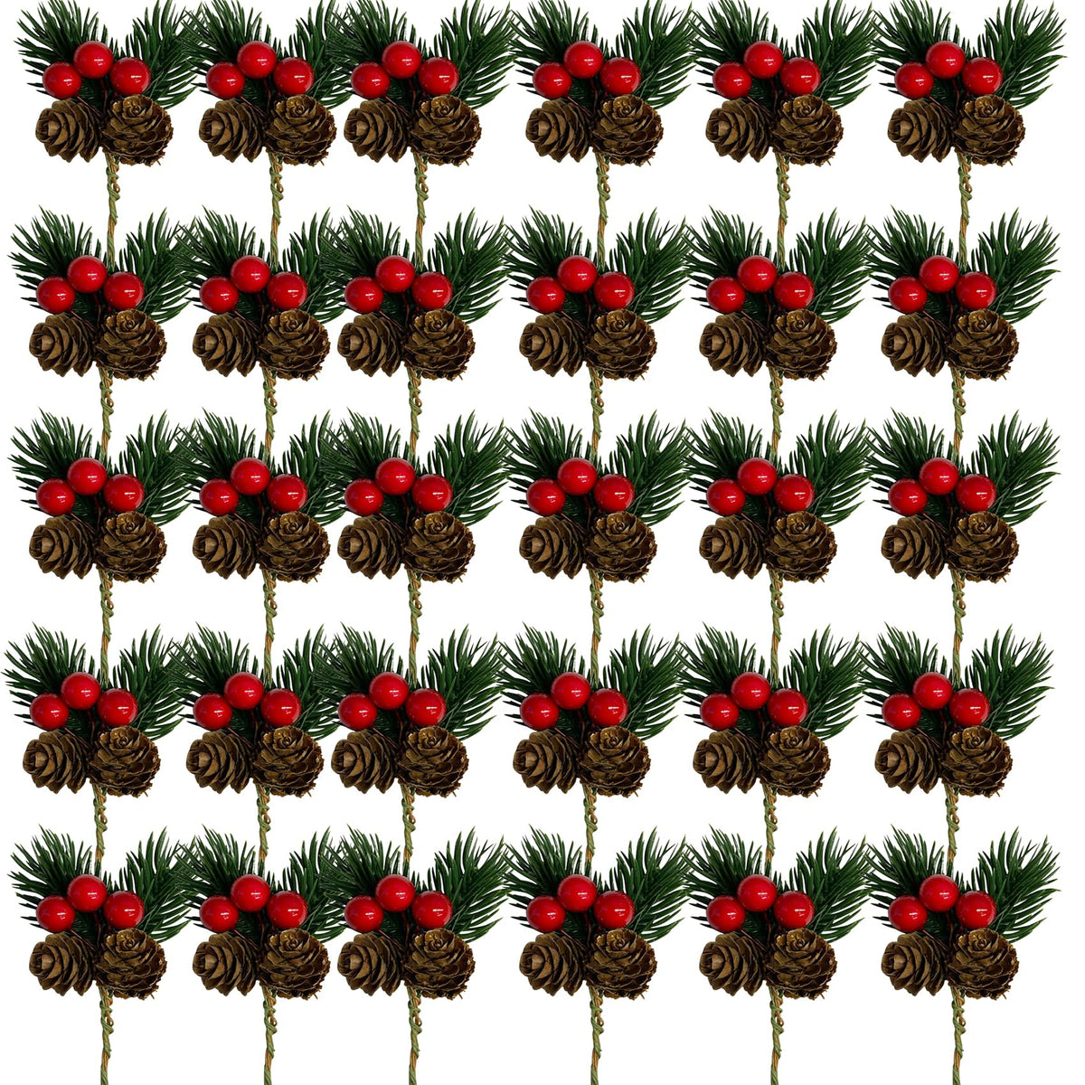 Acronde 30PCS Artificial Pine Picks Christmas Simulation Pine Needle Small Berries Pinecones for Flower Arrangements Wreaths Wedding Xmas Tree Decor (30, Red)