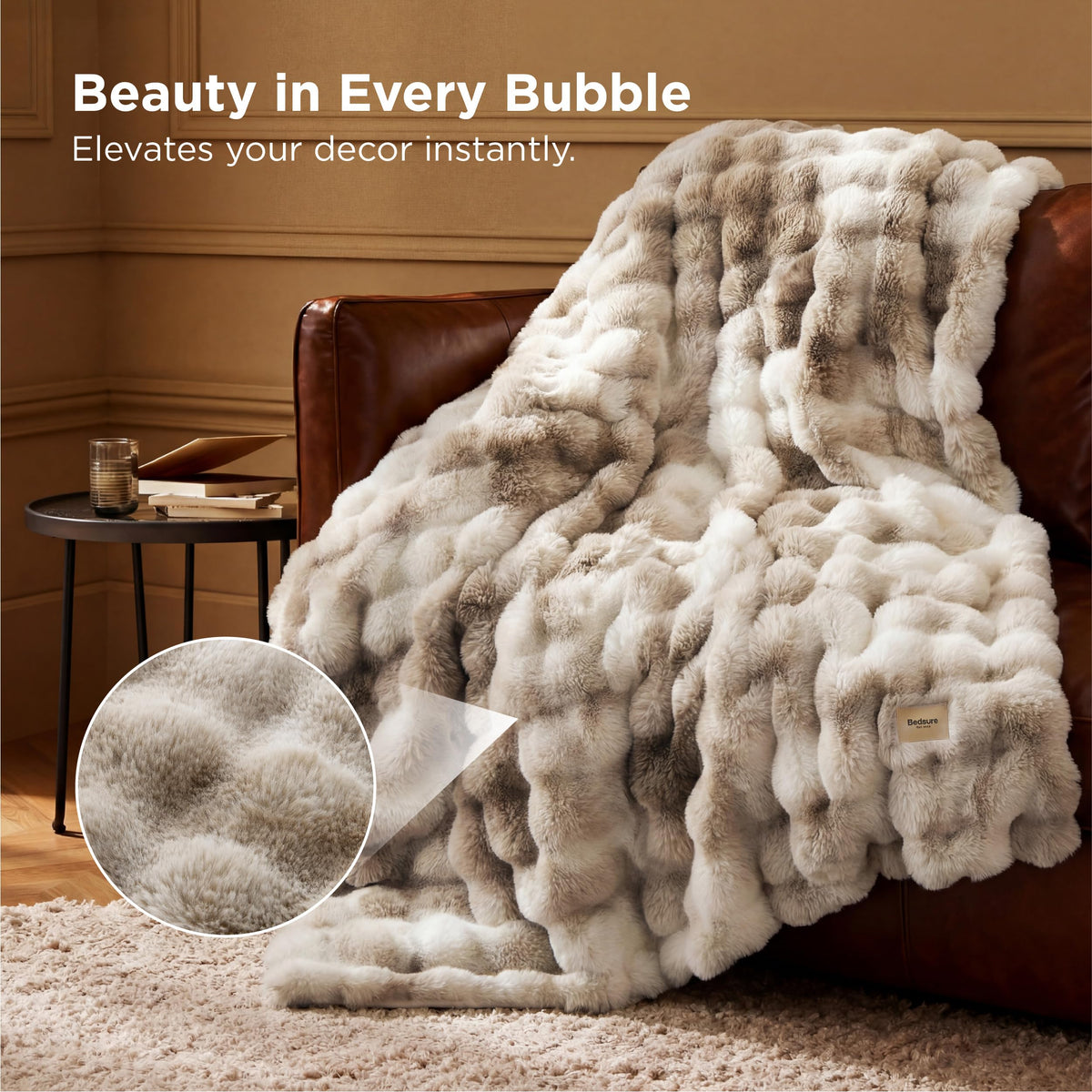 Bedsure Soft Fluffy Faux Fur Throw Blanket for Couch Cozy Gifts for Women, Fuzzy Fleece Bubble Blanket for Sofa Chair, Tie Dye Taupe Cloud Throw Coloring Bed Cover, Tan Brown Thick Warm Plush Bedding