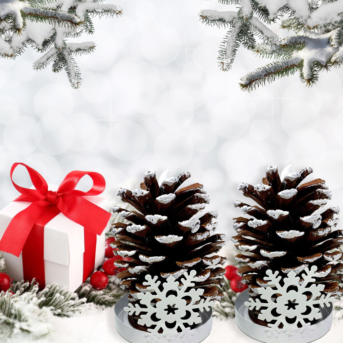 LIghted Pine Cones in Metal Snowflake Holders Christmas Decor - Set of 2 - Real Pinecones with White Snowflake Holders - Flameless LED Candles Brushed with Snow - Measures 5 1/2"H X 3"W