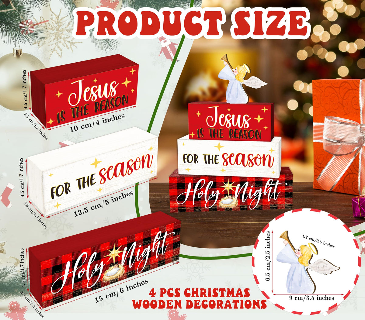 4 Pcs Angel Christmas Decor, Jesus Table Decorations, Holy Night Christmas Tiered Tray Desk Decor Gifts, Wooden Christian Stack Block Signs Table Centerpiece for Farmhouse Office -A03