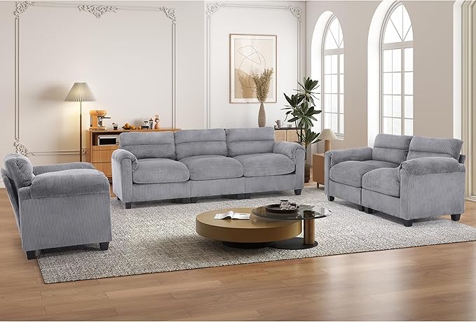 HAOMARKETS Corduroy Sofa Set, Upholstered Armchair, and 3-Seater Couch