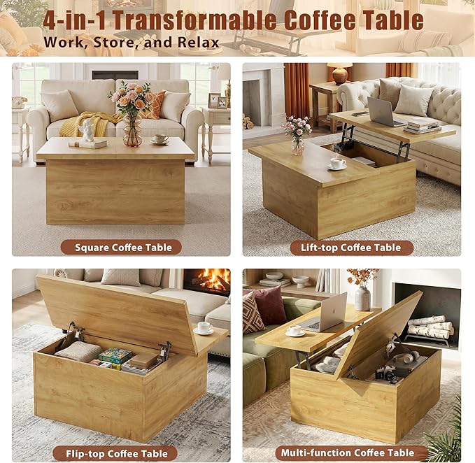 HUAHUU Lift Top Coffee Table, 4 in 1 Square Coffee Table
