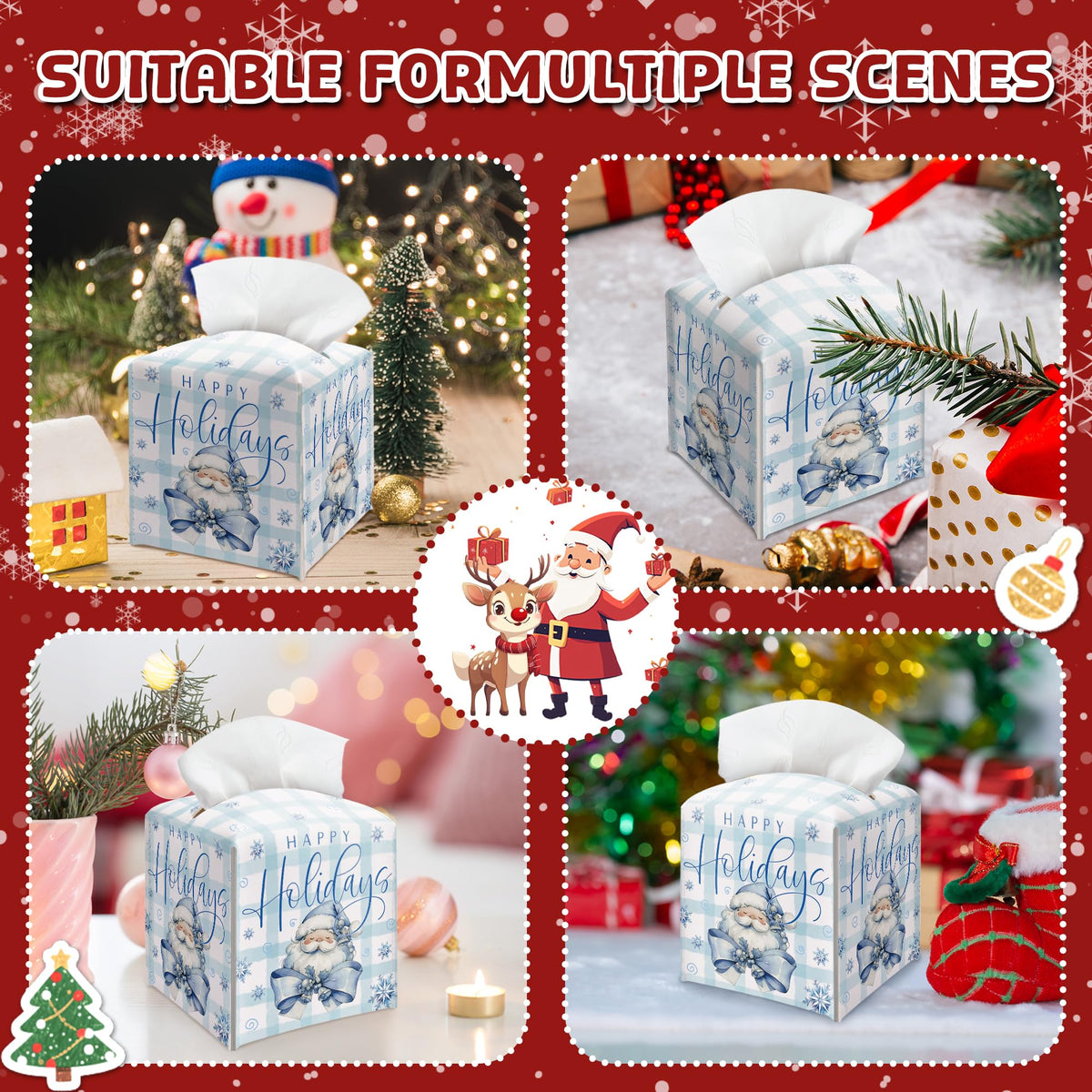 Happy Holidays Box Cover Square, Santa Claus Blue Checkered Decorative Tissue Box Holder, Waterproof Leather Tissues Boxes Dispenser for Bathroom, Office, Car, Bedroom Nightstand, Home Decor