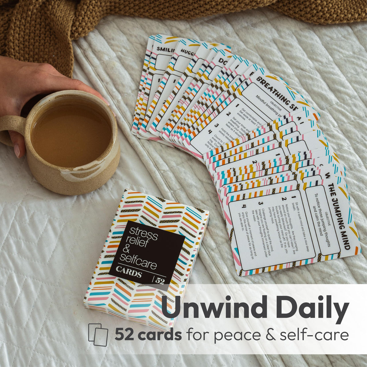 Allura & Arcia 52 Stress Less & Self Care Cards - Mindfulness & Meditation Exercises - Anxiety Relief & Relaxation