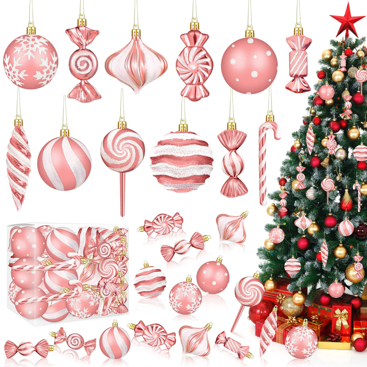 Christmas Ornaments Candy Lollipop Set -48Pcs for Xmas Tree Decoration Hanging Plastic Gloss Candy Canes Ball Pendants for New Year Home Decor Party Supplies (Rose Gold)