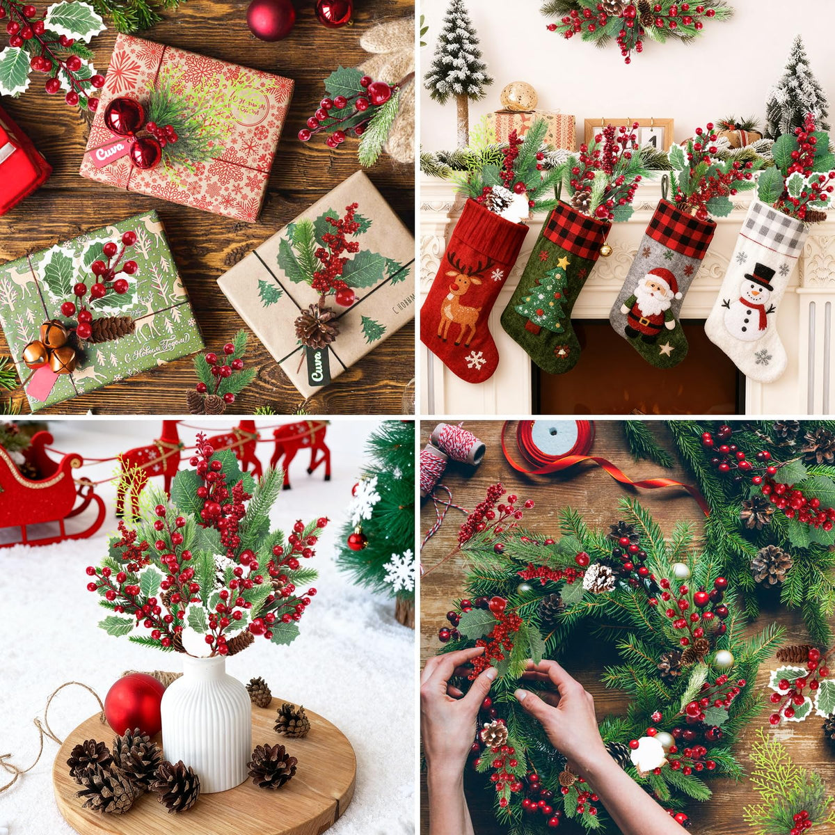 MEMOVAN Christmas Picks and Sprays Artificial Pine Needles Branches Berries Red Stems with Red Berry Pinecone Holly Xmas Floral Picks for Crafts Flower Arrangement Wreath Holiday Xmas Tree Decor-12PCS