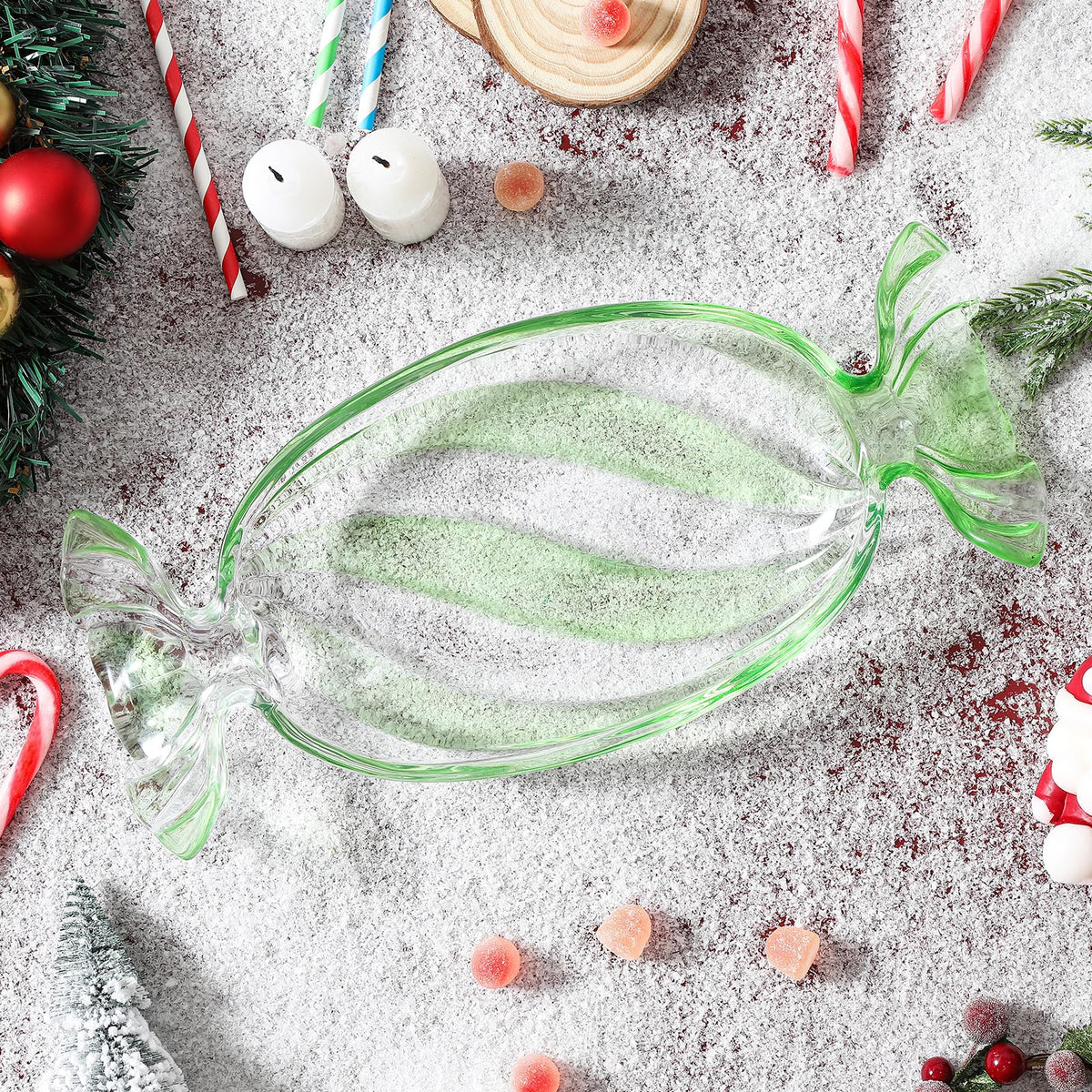USmagically Christmas Candy Glass Plate, Christmas Theme Serving Tray for Holiday Desserts, Cookies & Candy Display, Festive Party Bowl, Green Xmas Decorations Small