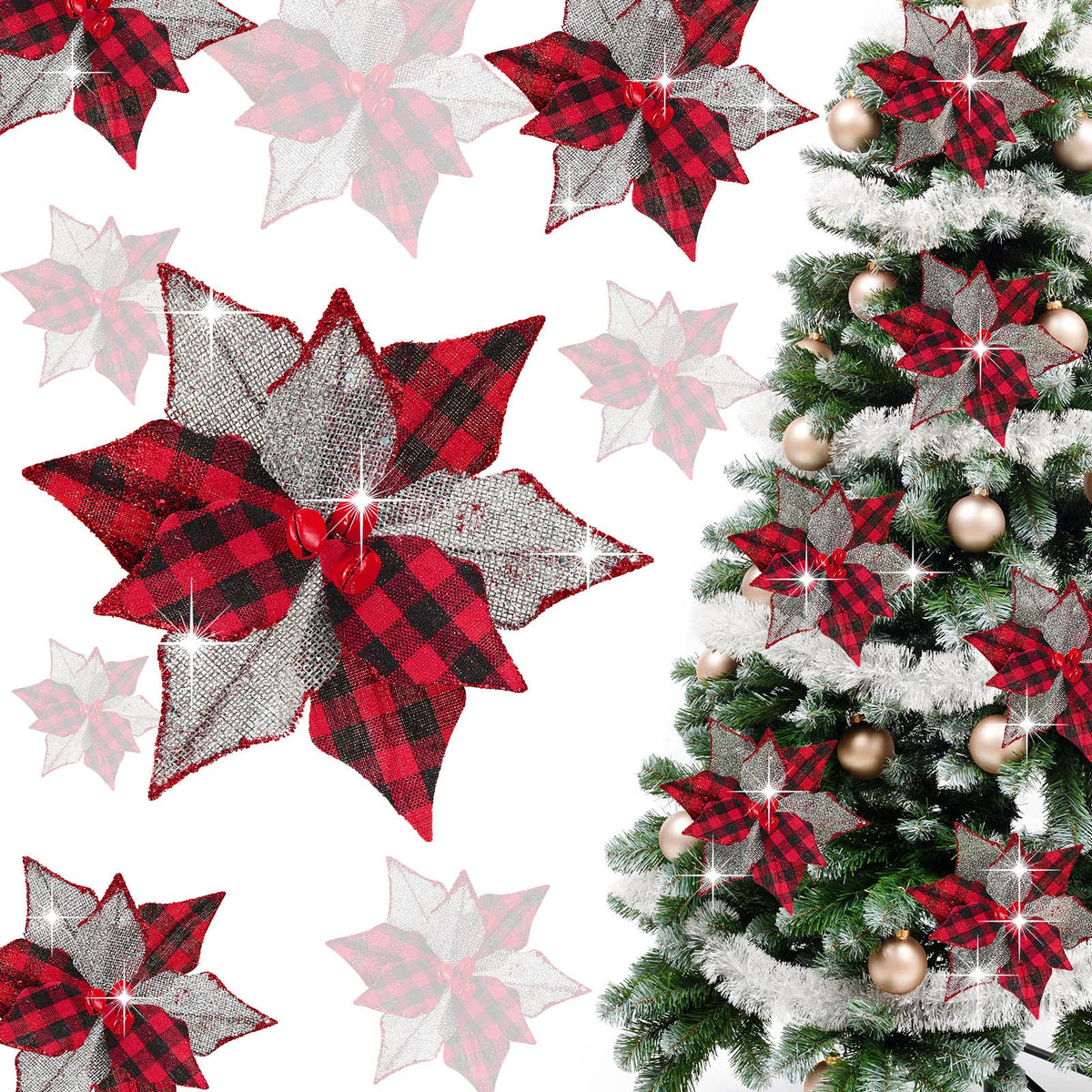 Chuangdi 12 Pcs Buffalo Plaid Poinsettias 6.7 Inches Christmas Tree Ornaments Burlap Artificial Xmas Flower Decor with Bells for Rustic Christmas Tree Wreath Garland Party(Red Black)