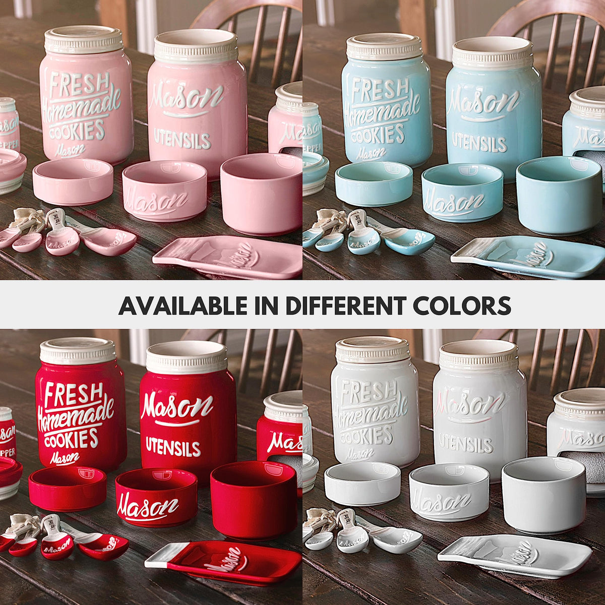 Farmhouse Canisters Sets for the Kitchen - Mason Jar Ceramic Kitchen Utensil Holder, Spoon Rest, Cute Cookie Jar, Salt & Pepper Shaker Sets, Sponge Holder, Measuring Cups & Spoons (White,17-Pc Bundle)
