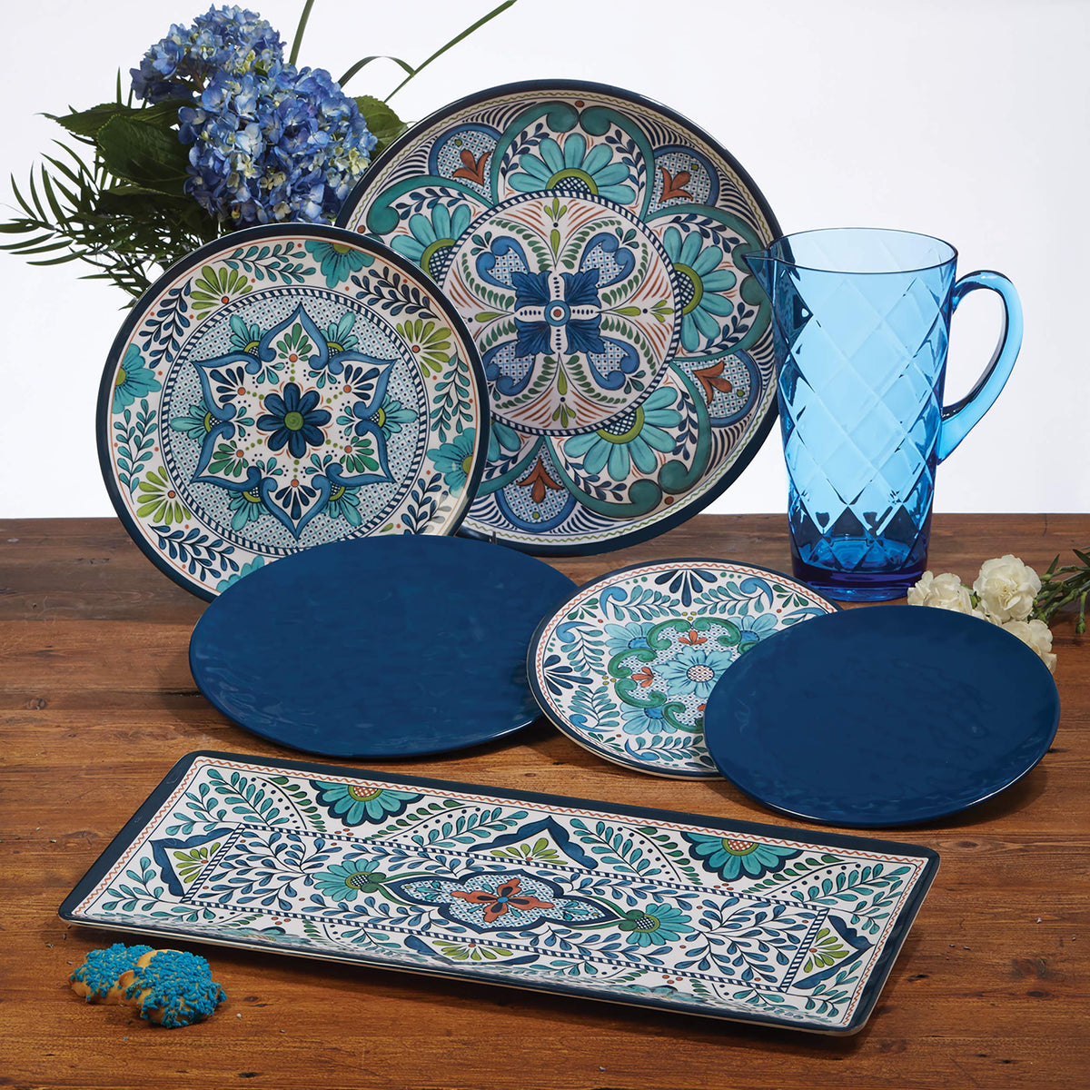 Talavera 3-Piece Melamine Hostess Serveware Set – Chip & Dip Server, 3-Section Relish Tray, and 19" Rectangular Platter – Colorful Southwest Serving Set for Entertaining & Outdoor Dining