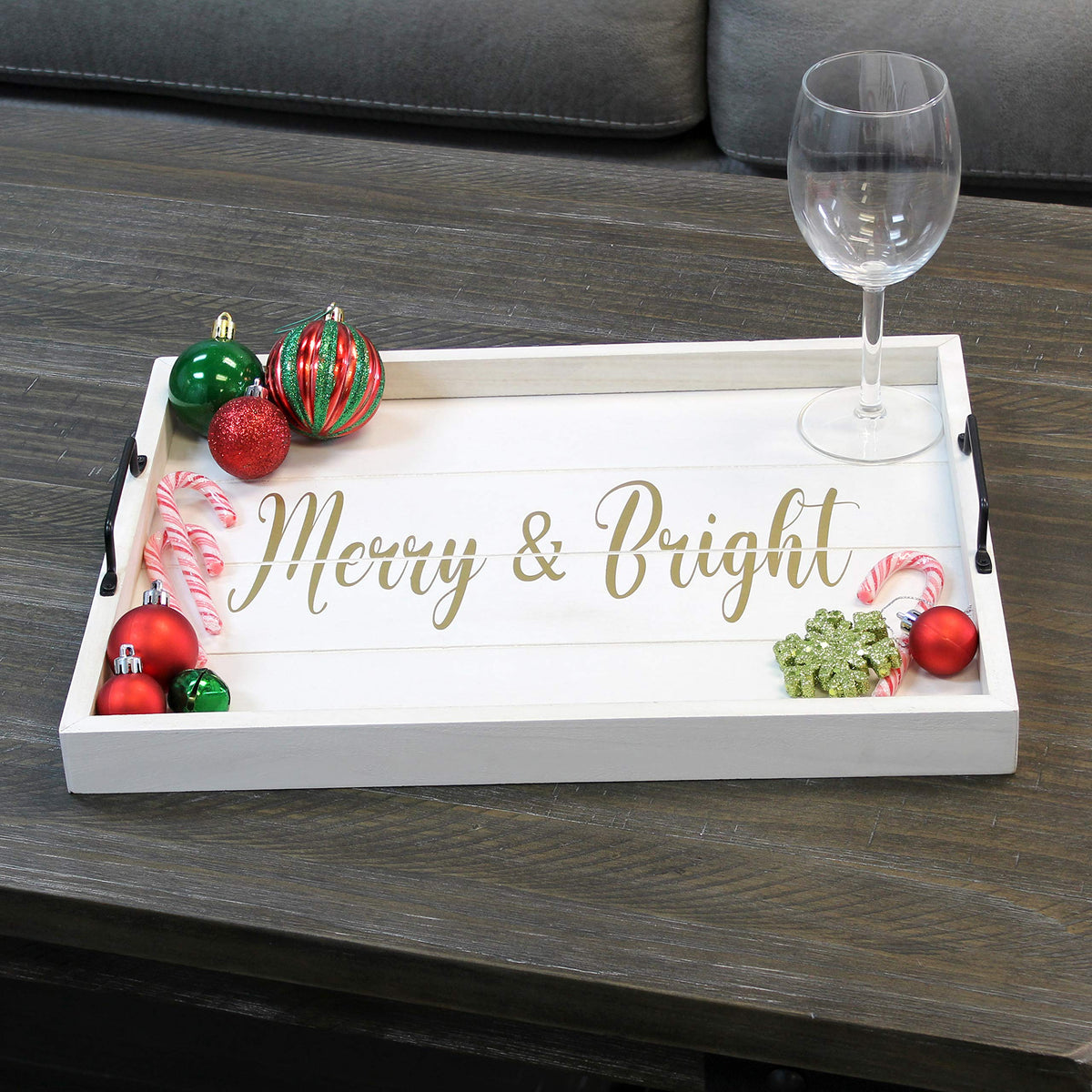 Elegant Designs HG2000-WMB Christmas Decoration 15.50" x 12", Decorative Wood Serving Tray w/Handles, White Wash Merry & Bright