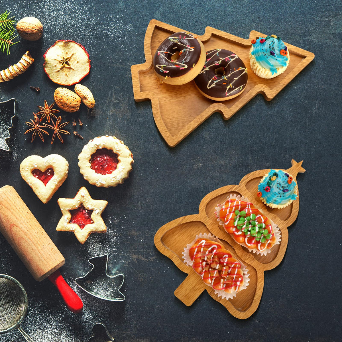 Bencailor 3 Pcs Christmas Wooden Serving Tray Christmas Tree Plates Dishes Charcuterie Board Dinner Tray for Xmas Home Party Dinnerware Supplies(Xmas Tree)