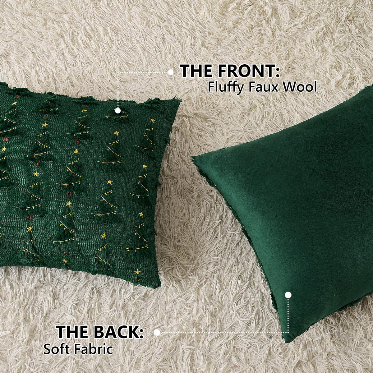 Emvency Christmas Throw Pillow Covers 18x18 Set of 2, Green Xmax Tree Golden Star Lights Decorative Pillow Cases Soft Plush Faux Fur Wool Couch Cushion Case for Couch Bed Sofa Living Room Home Decor