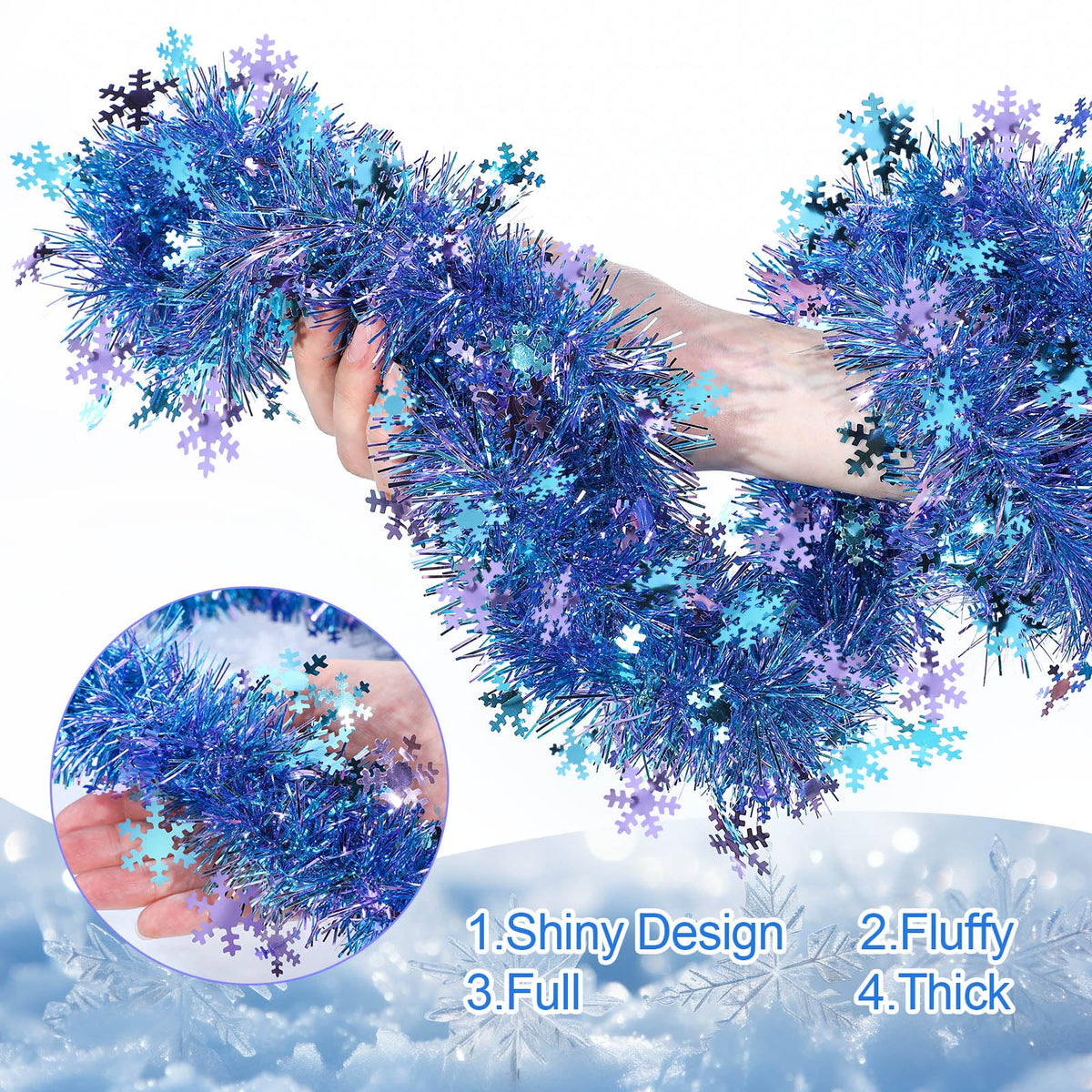 Blosssound 26 Feet Blue Purple Snowflakes Tinsel Garland Glitter Metallic Tinsel Twist Banner Shiny Iridescent Garland for Indoor Outdoor Ceiling Wall Christmas Tree Birthday Party Decorations