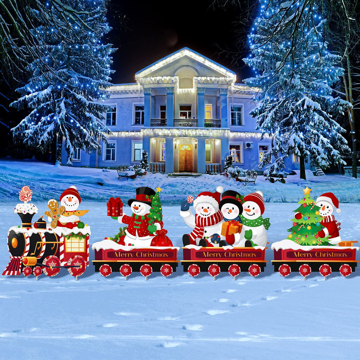 Marsui 4 Pieces Christmas Train Decorations Outdoor Yard Lawn Signs Christmas Tree Gingerbread Santa Snowman Reindeer Train with 8 Stakes for Xmas Holiday Outside Garden Lawn Yard Decor