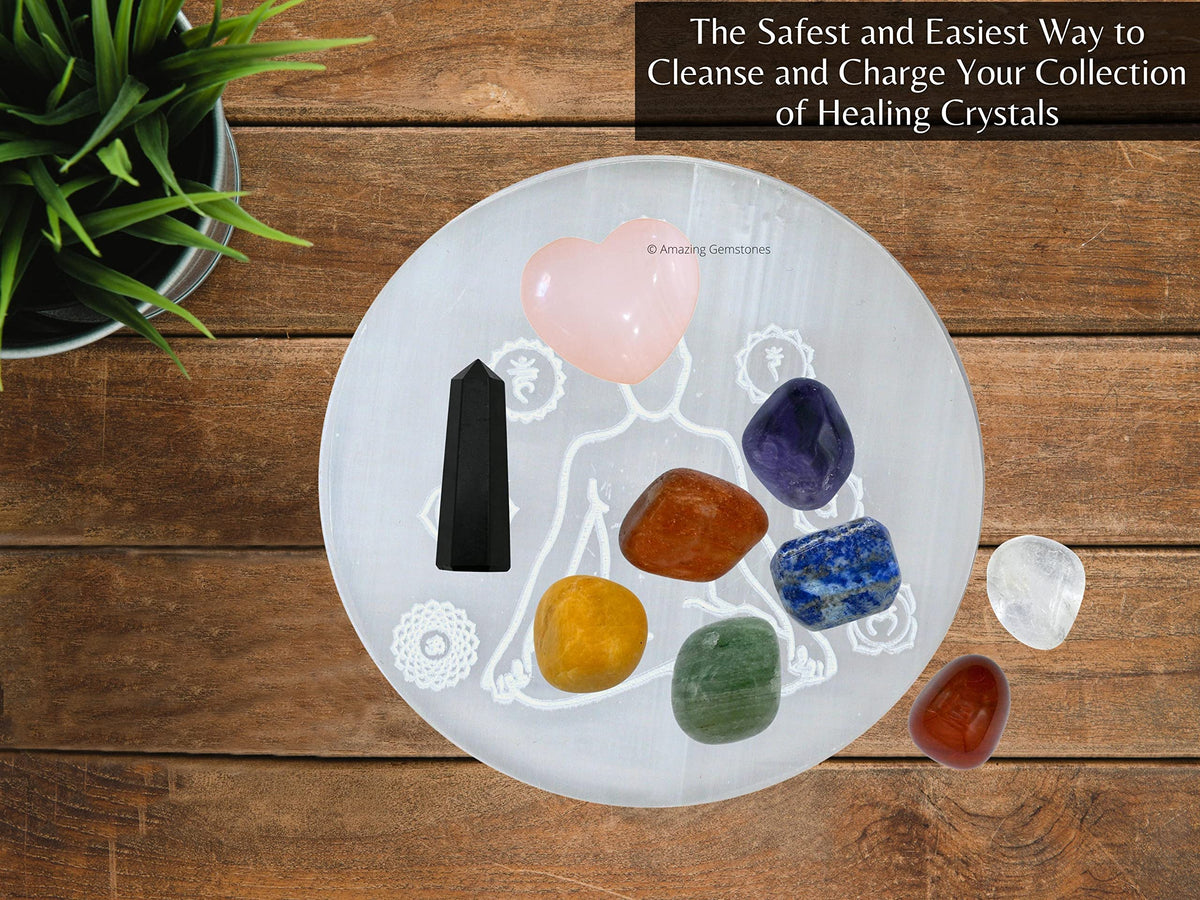 Amazing Gemstone Selenite Crystal Charging Plate for Crystals and Healing Stones, 4" Selenite Crystal Plate Engraved Buddha Coaster for Home, Office Table Decor (Selenite Round Disc)