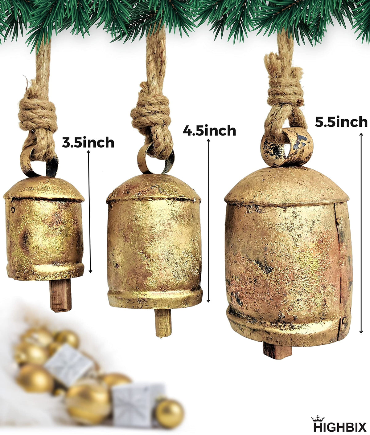 HIGHBIX Set of 3 Giant Harmony Cow Bells Huge Vintage Shabby Chic Handmade Rustic Lucky Christmas Hanging XL Bells On Rope Country Rustic (Small)