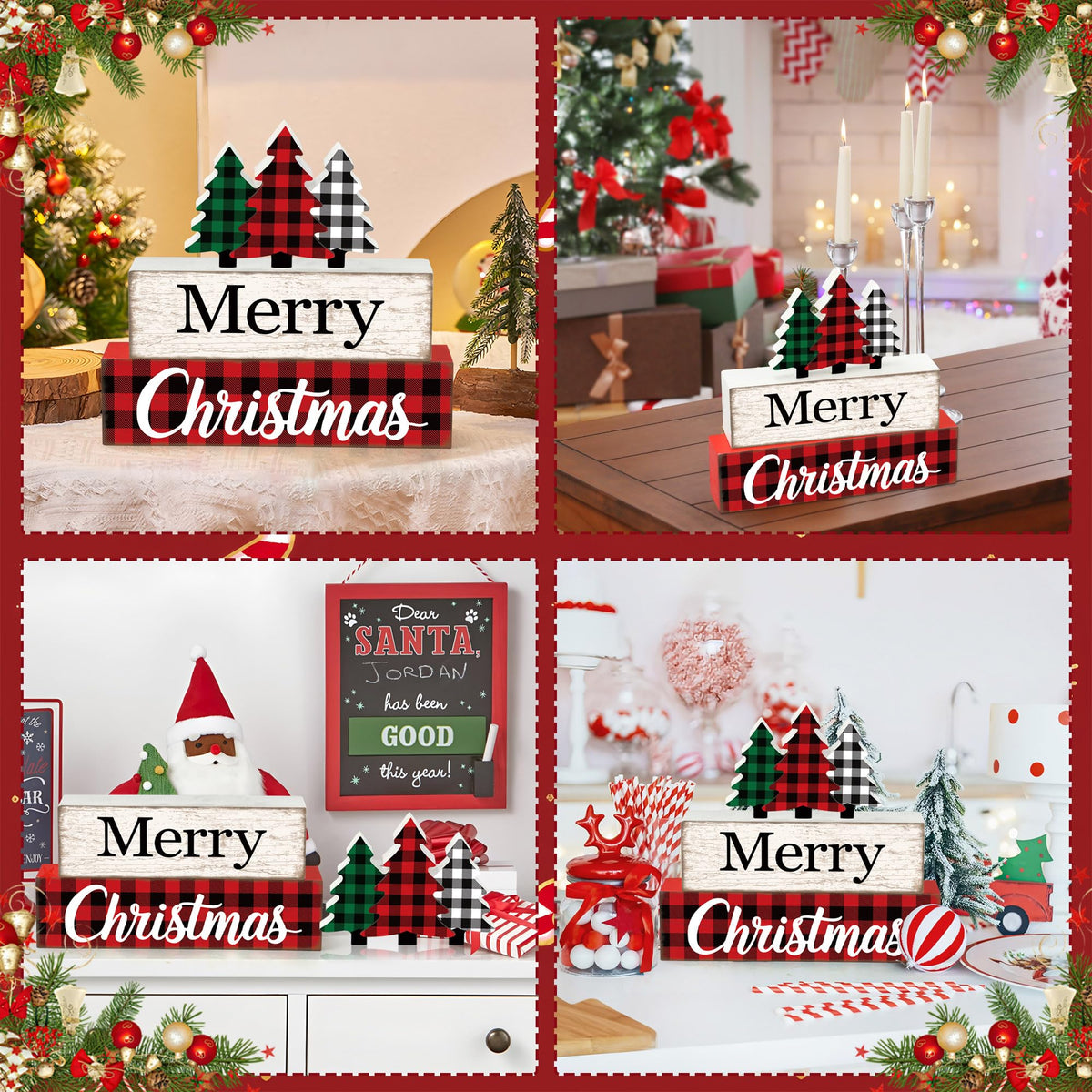 3 Pcs Merry Christmas Table Wooden Decor Christmas Tree Wood Block Sign Xmas Buffalo Plaid Tabletop Centerpiece Xmas Rustic Tiered Tray Decor for Winter Farmhouse Home Kitchen Office Shelf Decoration