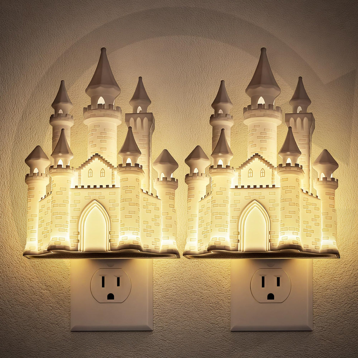 JandCase Night Lights Plug into Wall,2 Pack 3D Printed Castle Night Light,3000K Plug in Nightlight with Dusk to Dawn Sensor,0-100LM Adjustable Brightness for Rooms Bathroom Hallway