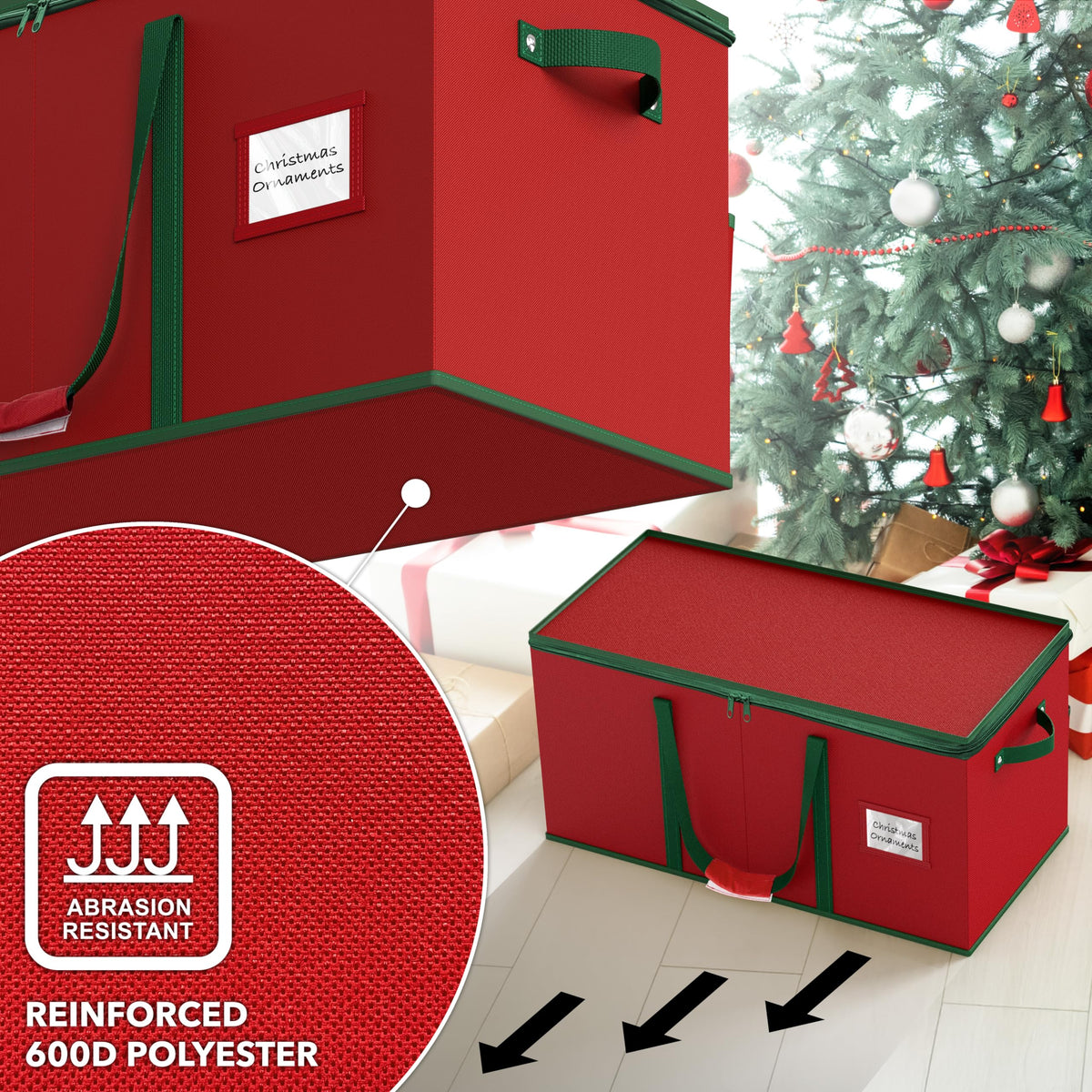 Simple Houseware Heavy-Duty Large Christmas Ornament Storage Box with Adjustable Dividers, Stores up to 128 Ornaments, Zipper Lid, Red