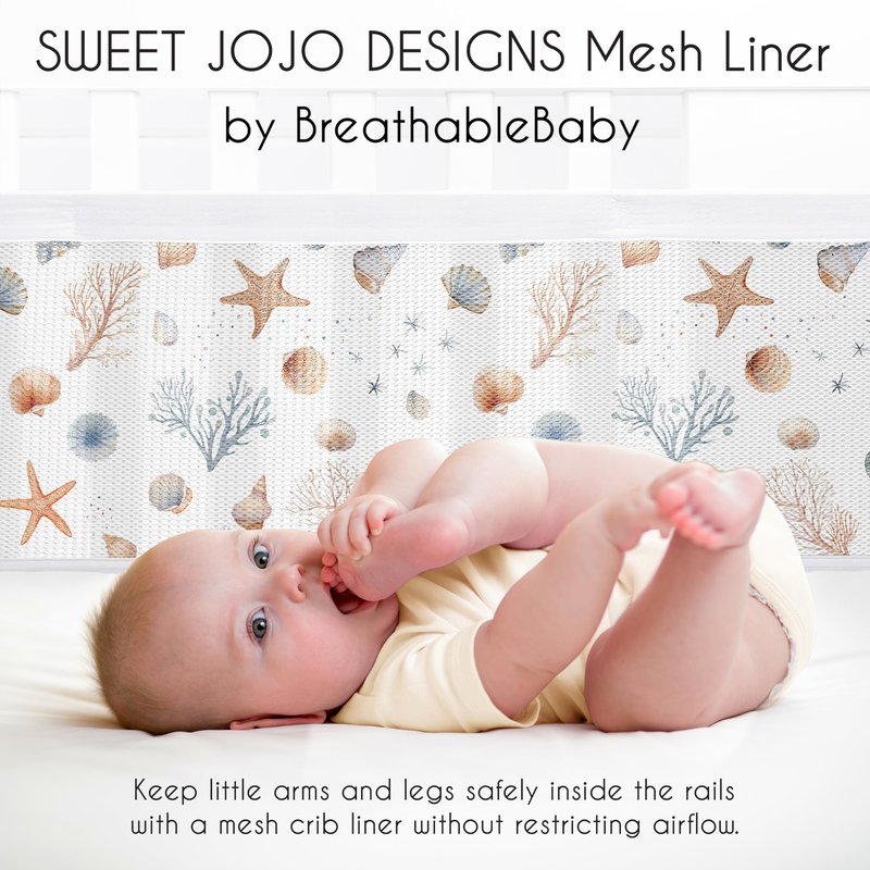 Sweet Jojo Designs + BreathableBaby 2-Piece Breathable Mesh Crib Liner Set (Ocean Seashells) for Boys/Girls, Baby, Infants/Newborn Nursery (Nautical, Beach Theme, Watercolor, Starfish, Coastal, Sea)