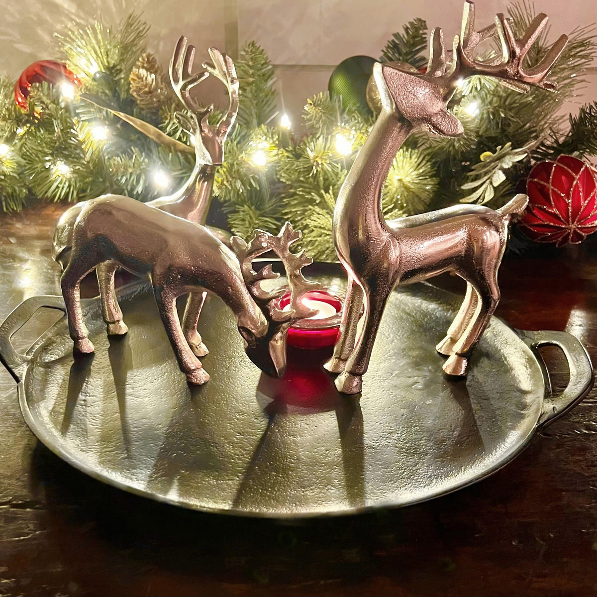 WHW Whole House Worlds Rustic Reindeer Figurines, Set of 3, Handmade, Cast Silver Aluminum, 8.75 Inches