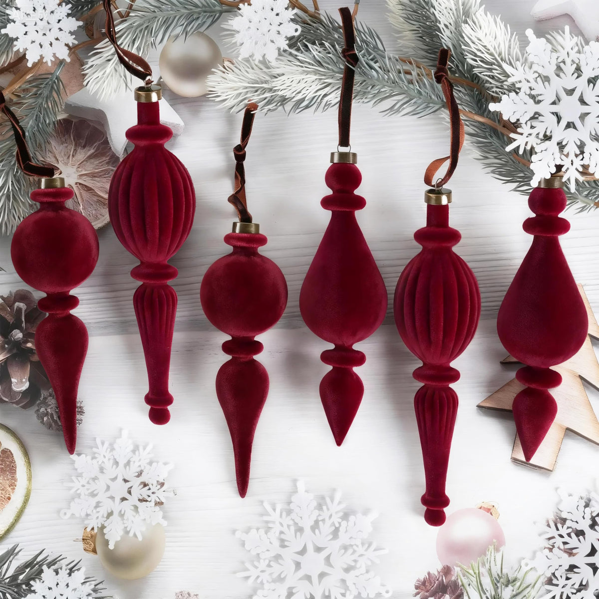 6 Pcs Wine Red Velvet Finial Christmas Tree Ornaments - Christmas Burgundy Velvet Pendants Shatterproof Flocked Hanging Ornaments Decorations for Xmas Tree Winter Holiday Wedding Party Decor