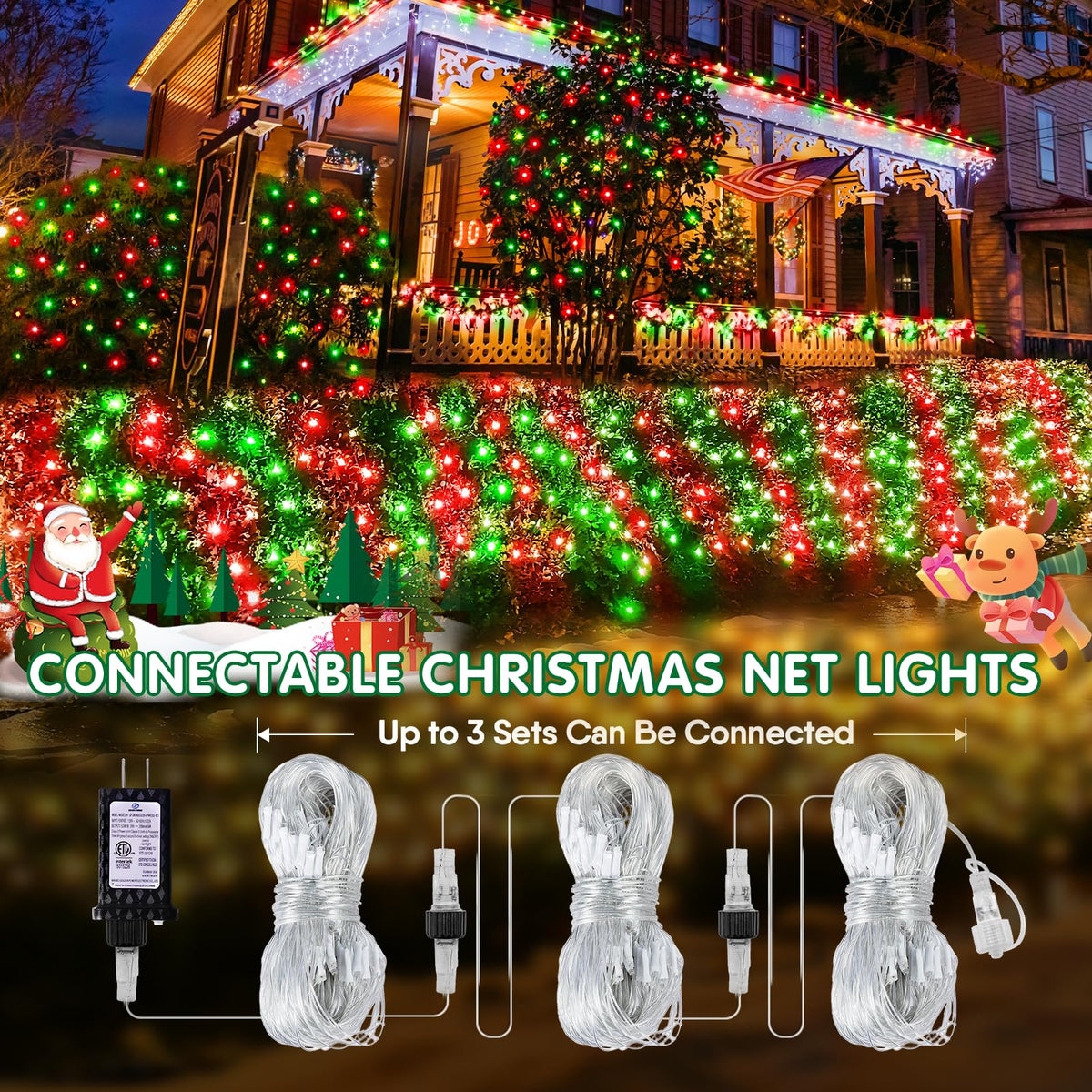 Hezbjiti Christmas Net Lights Outdoor 200 LED 6.9FT x 5.4FT Clear Wire with 8 Modes, Connectable Plug in Waterproof, Timer Memory Function for Xmas Tree Bushes Porch Lawn Windows Decor（Red Green）