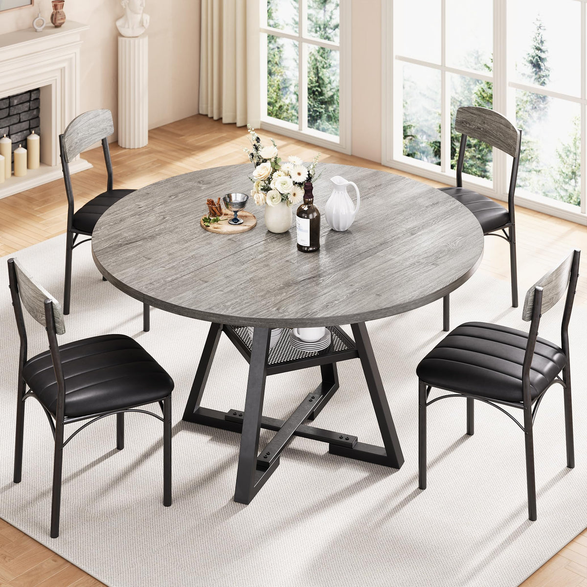 Round Dining Table Set for 4, Kitchen Table and Chairs for 4, Circle Table Round Pedestal Dining Room Dinner Dinette Table Set,5 Piece Space Saving Wood Kitchen & Dining Room Tables (Grey, 42In)