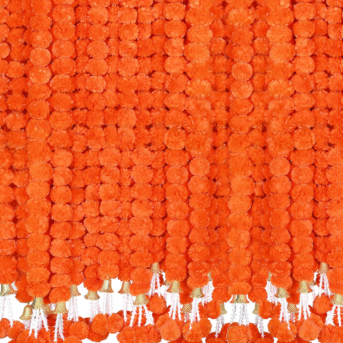 OCTERIC 6 Pcs 5 Ft Artificial Marigold Flowers Garland, Dia de Los Muertos Faux Garlands Diwali Decoration with Pendant Bell for Indian American Wedding Party Mantle Decor (Dark Orange)
