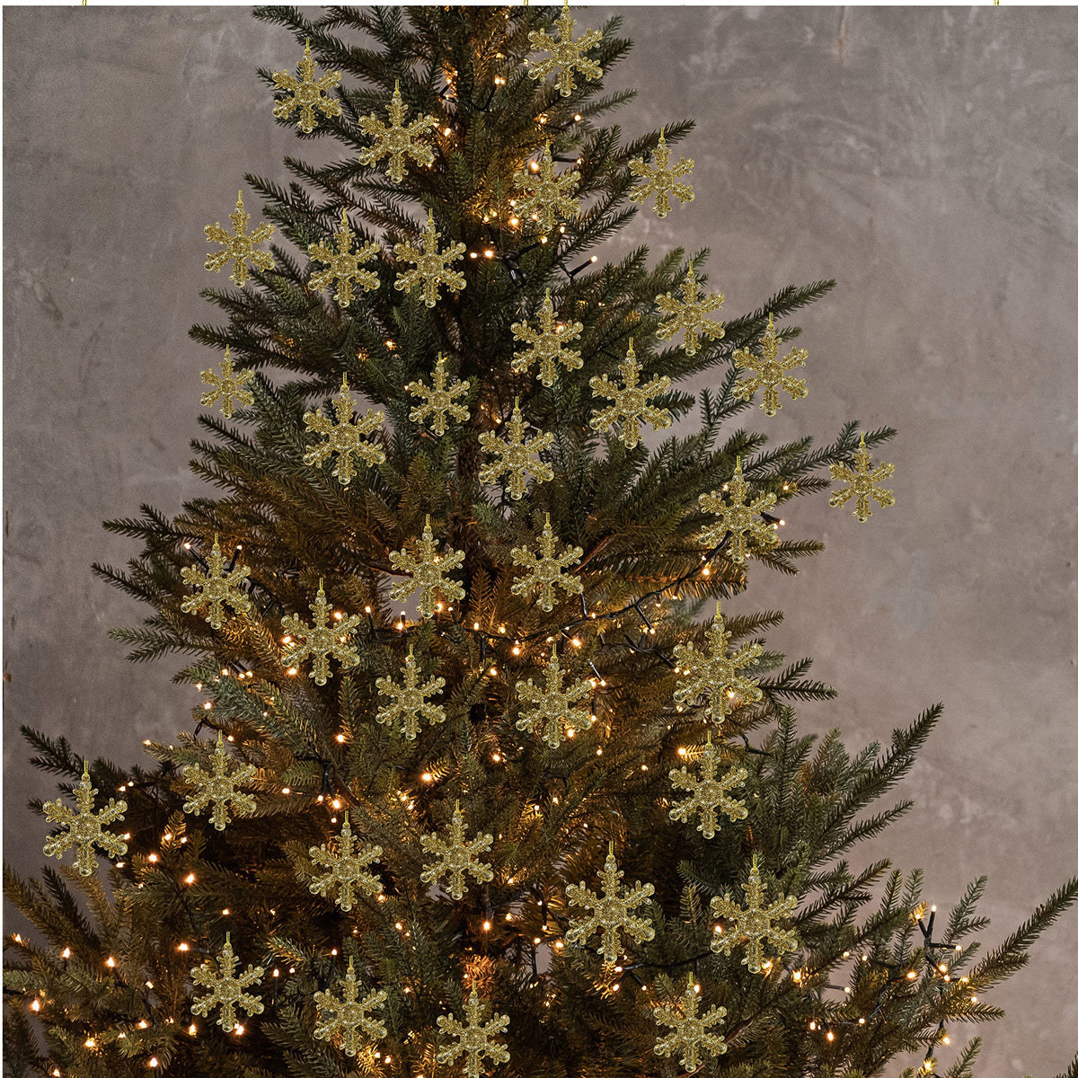 Gold Snowflake Christmas Ornaments Set of 36 – Glittered 2.5 Inch Hanging Snowflake Decorations for Christmas Tree, Windows, Wreaths, Crafts & Winter Holiday Décor