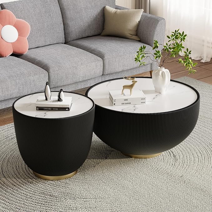 Black Round Side Table, 19.7" Faux Marble Fluted End Table