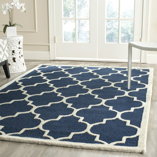SAFAVIEH Cambridge Collection Area Rug - 6' Square, Navy & Ivory, Handmade Moroccan Trellis Wool, Ideal for High Traffic Areas in Living Room, Bedroom (CAM134G)