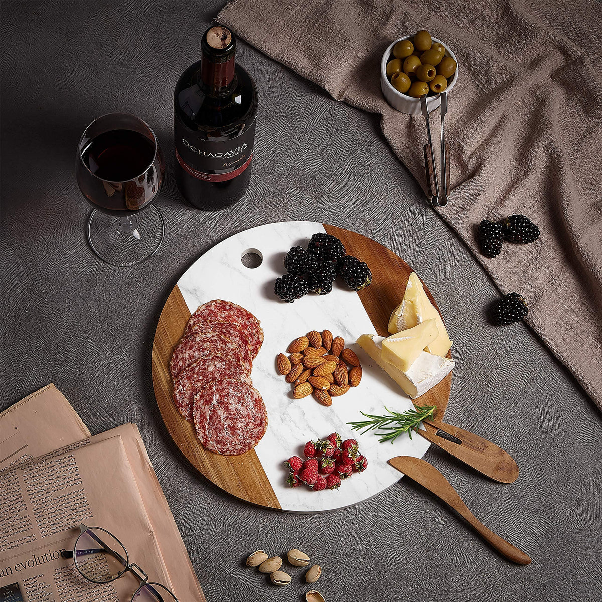 Marble Cheese Board with Acacia Accent 12" Round - Beautifully Handcrafted Charcuterie Board for Two - Round Cutting Board - Wonderful Housewarming Gift 11x11x0.6 inches