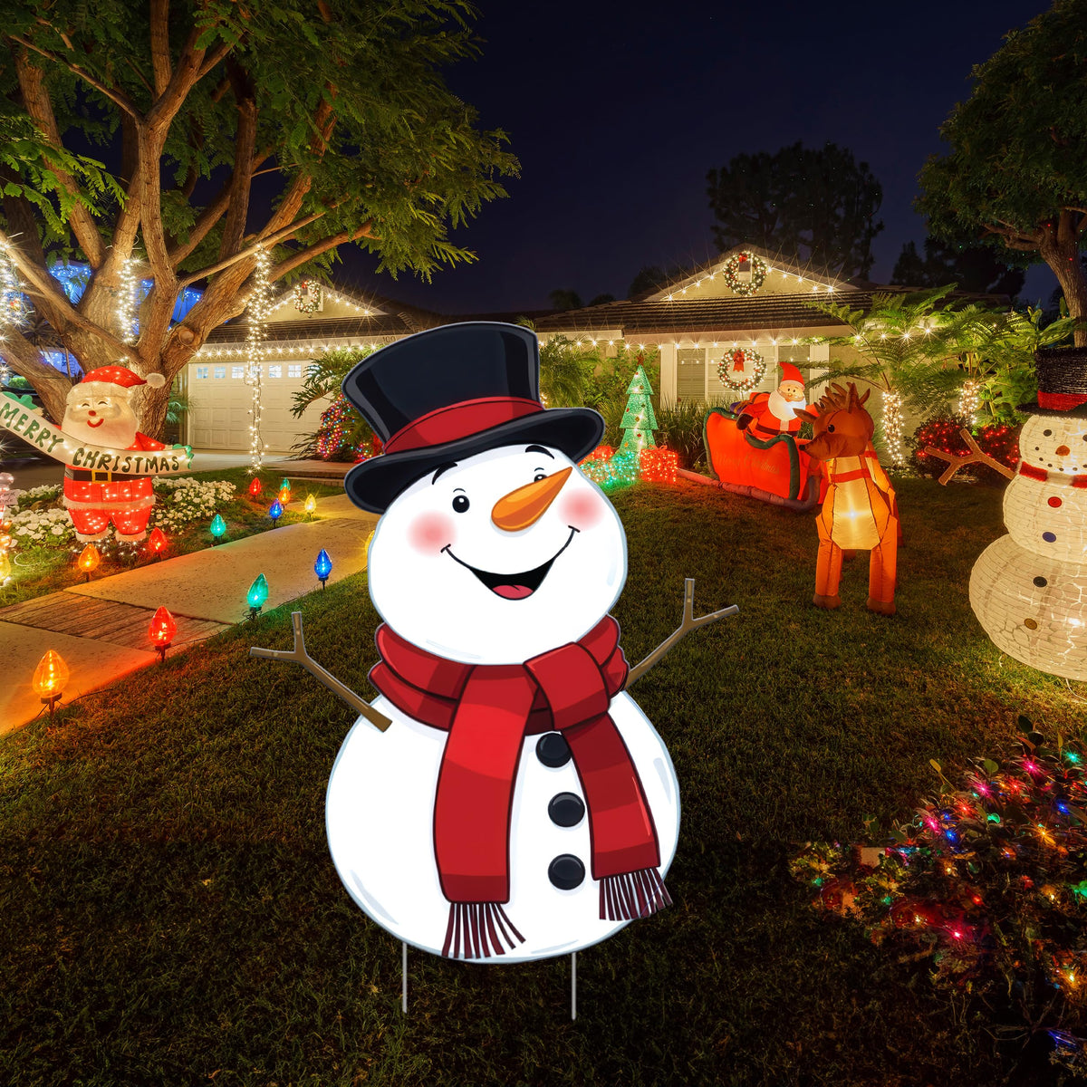 Christmas Snowman Classic Yard Sign for Home Decor and Lawn Decoration With Stakes, Green Merry Christmas Sign Tree Snow Man 3