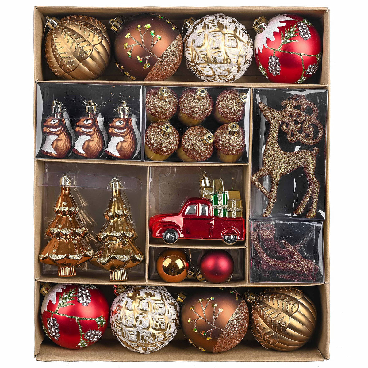 Valery Madelyn Christmas Ornaments Set, 60ct Red and Brown Shatterproof Christmas Tree Decorations, Woodland Hanging Ball Ornaments Bulk for Xmas Holiday Decor